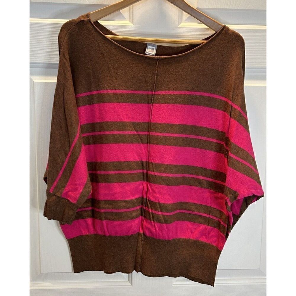 jcp Brown & Hot Pink Striped 3/4 Sleeve Thin Sweater Women's Size XL